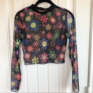 Sheer mesh flower child long sleeve crop top